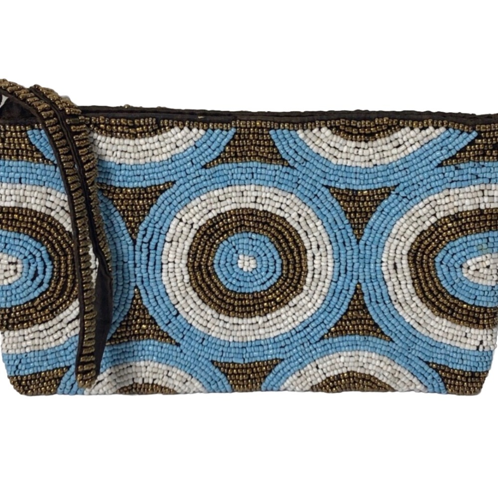 Beaded handmade turquoise and copper clutch wristlet.